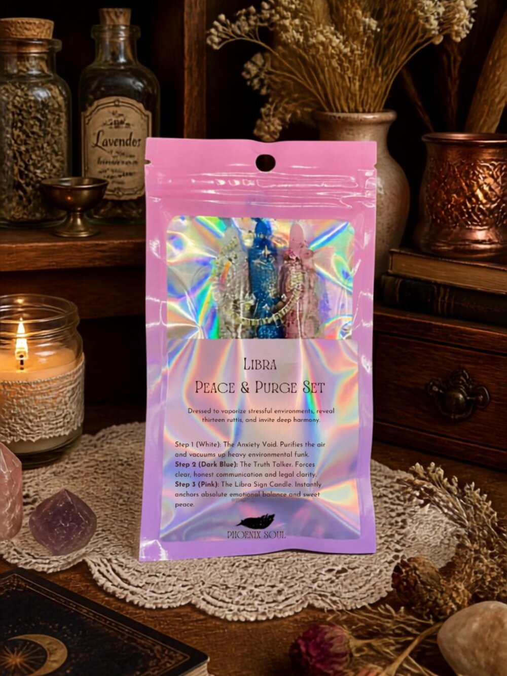 Boho Libra Peace and Purge Dressed Spell Candle Set 3pc Chime